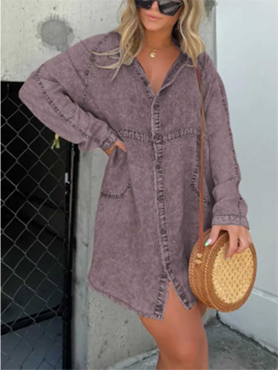 Lunimesd V-neck Washed Loose Shirt Denim Skirt