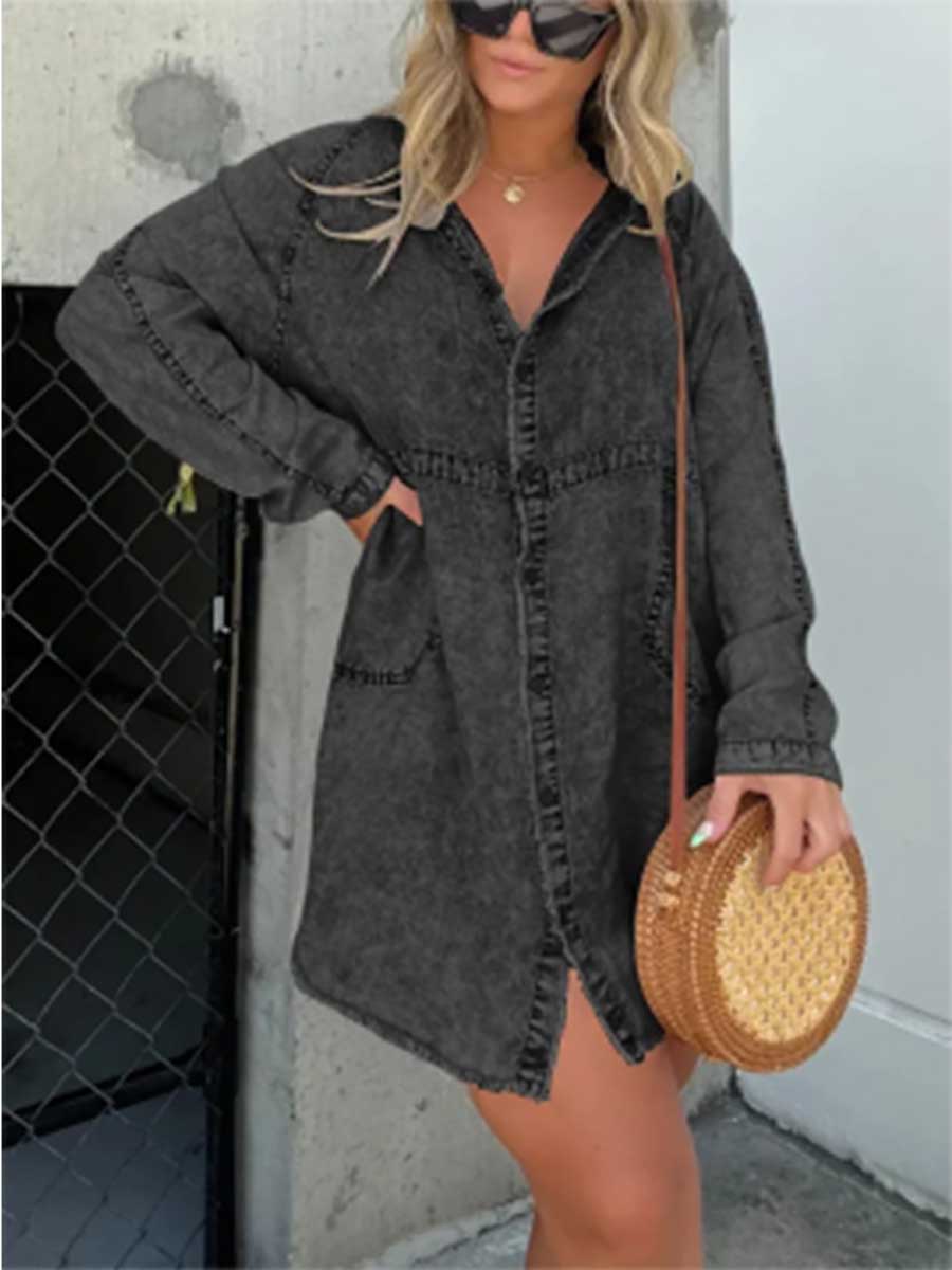 Lunimesd V-neck Washed Loose Shirt Denim Skirt