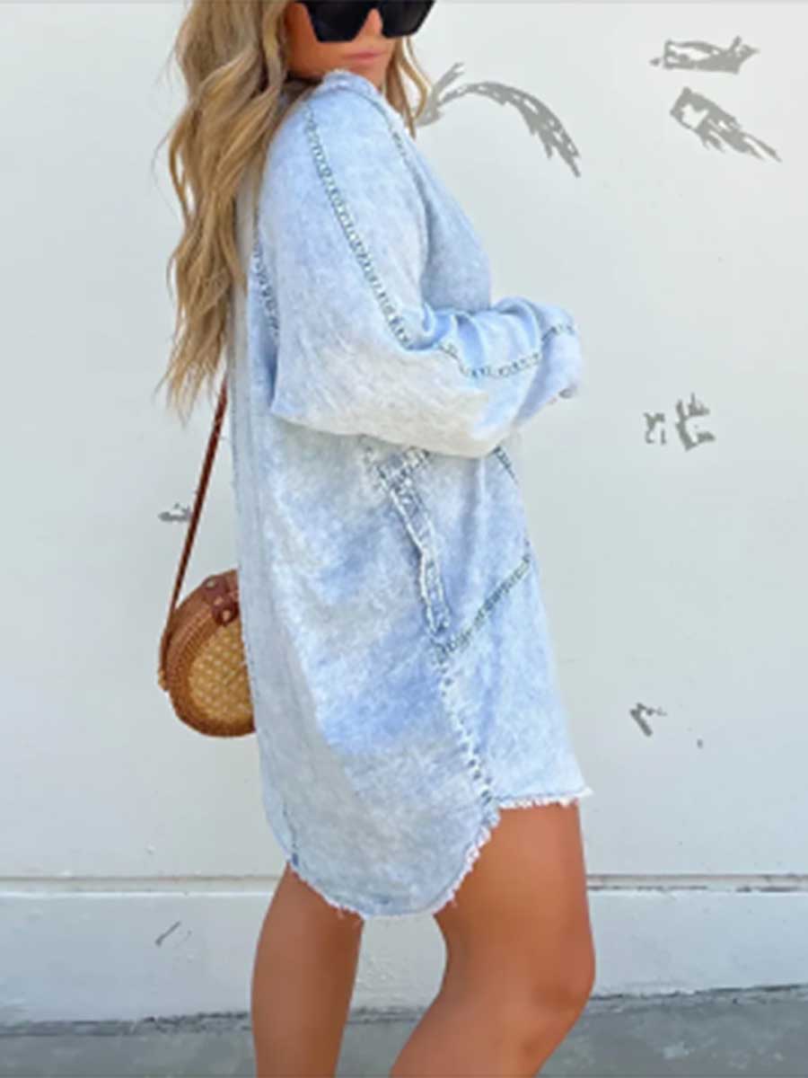 Lunimesd V-neck Washed Loose Shirt Denim Skirt