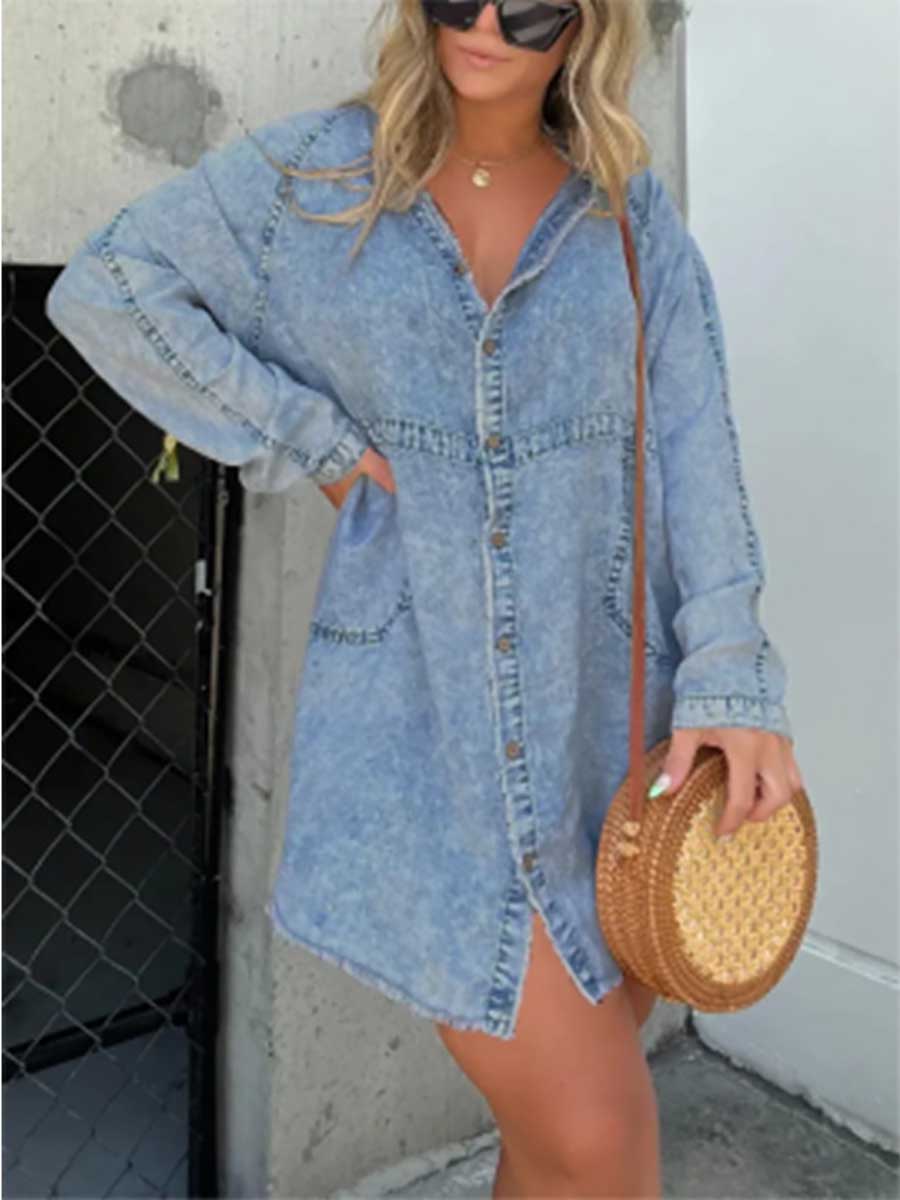 Lunimesd V-neck Washed Loose Shirt Denim Skirt