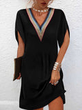Lunimesd Temperament Clashing Color V-Neck Black Dress
