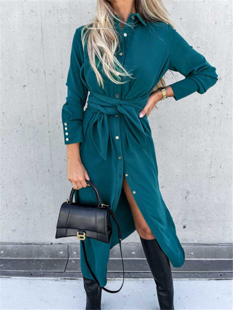 Lunimesd Long Solid Color Cardigan Long Sleeve Hem Dress