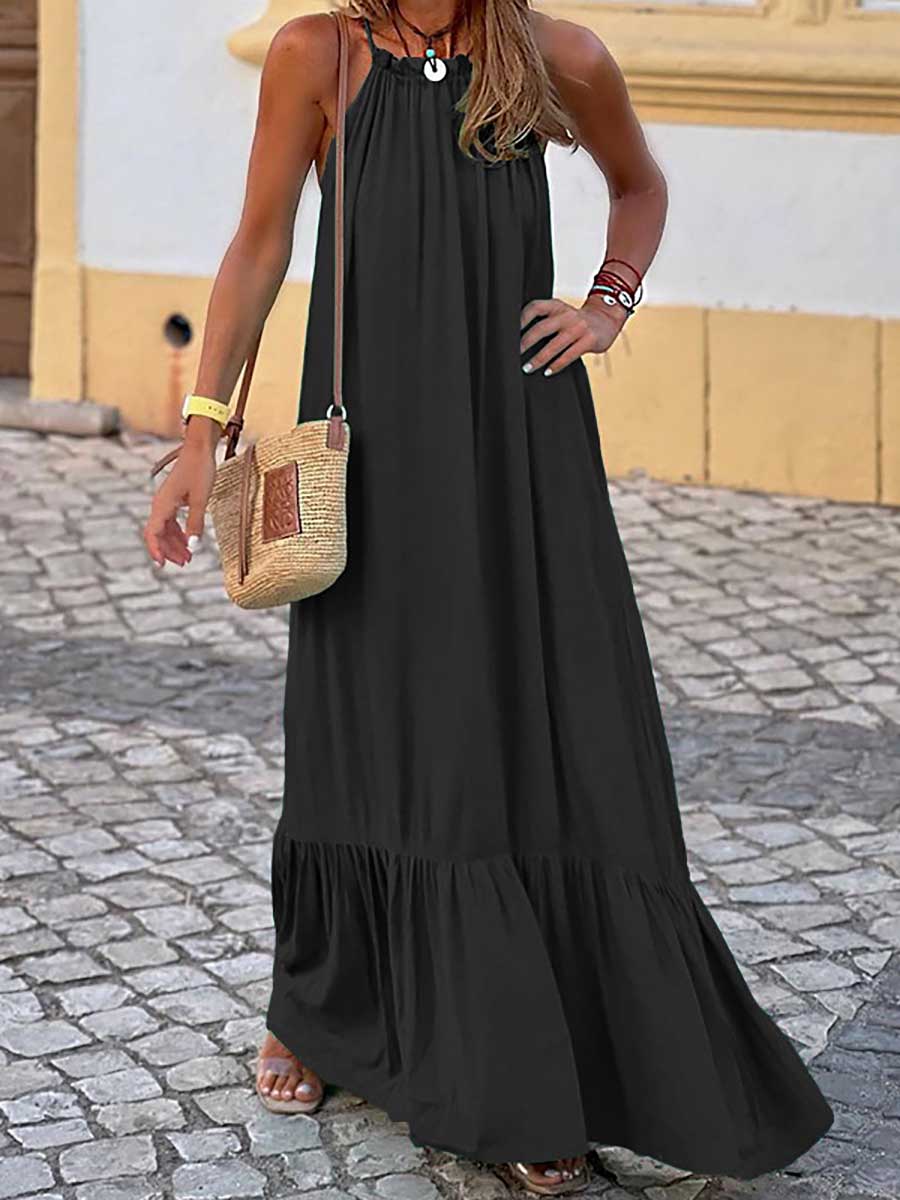 Lunimesd Fashion Temperament Solid Color Sleeveless Neck Long Dresses