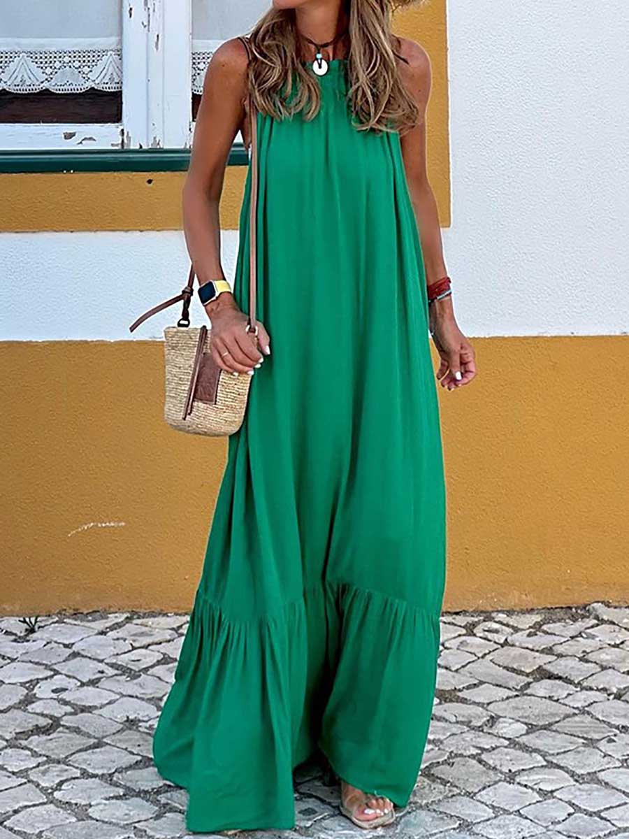 Lunimesd Fashion Temperament Solid Color Sleeveless Neck Long Dresses