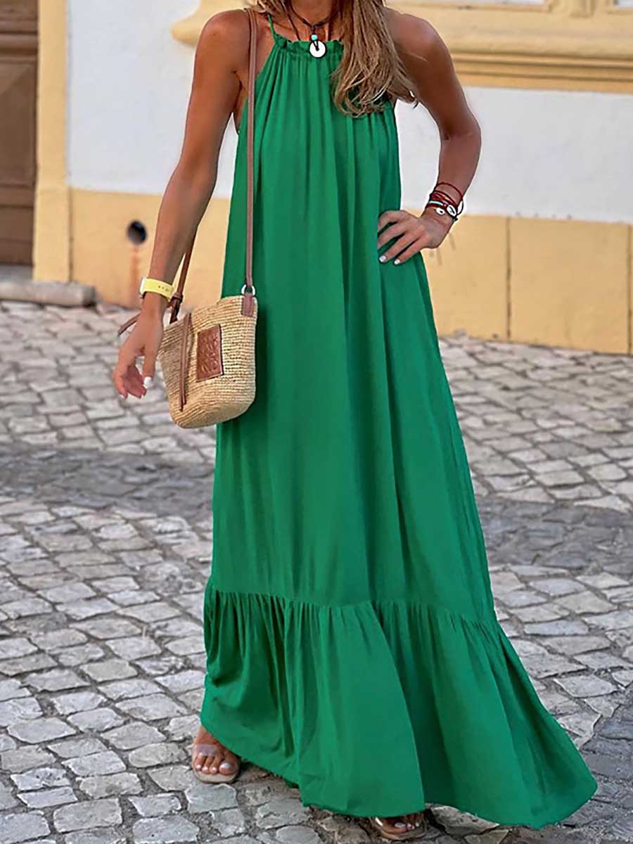 Lunimesd Fashion Temperament Solid Color Sleeveless Neck Long Dresses