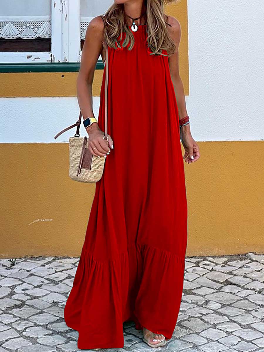 Lunimesd Fashion Temperament Solid Color Sleeveless Neck Long Dresses