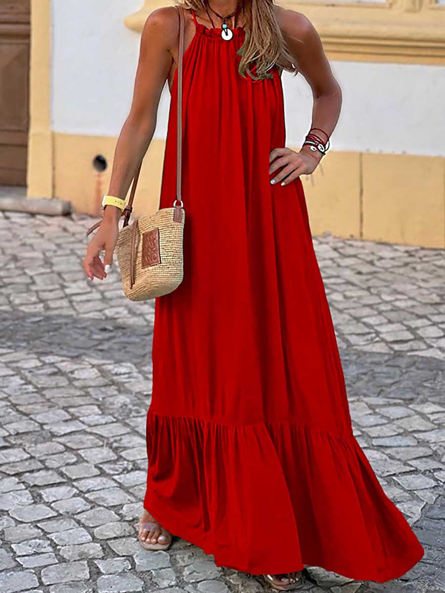 Lunimesd Fashion Temperament Solid Color Sleeveless Neck Long Dresses