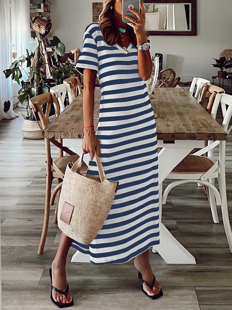 Lunimesd Striped printed v-neck long skirt