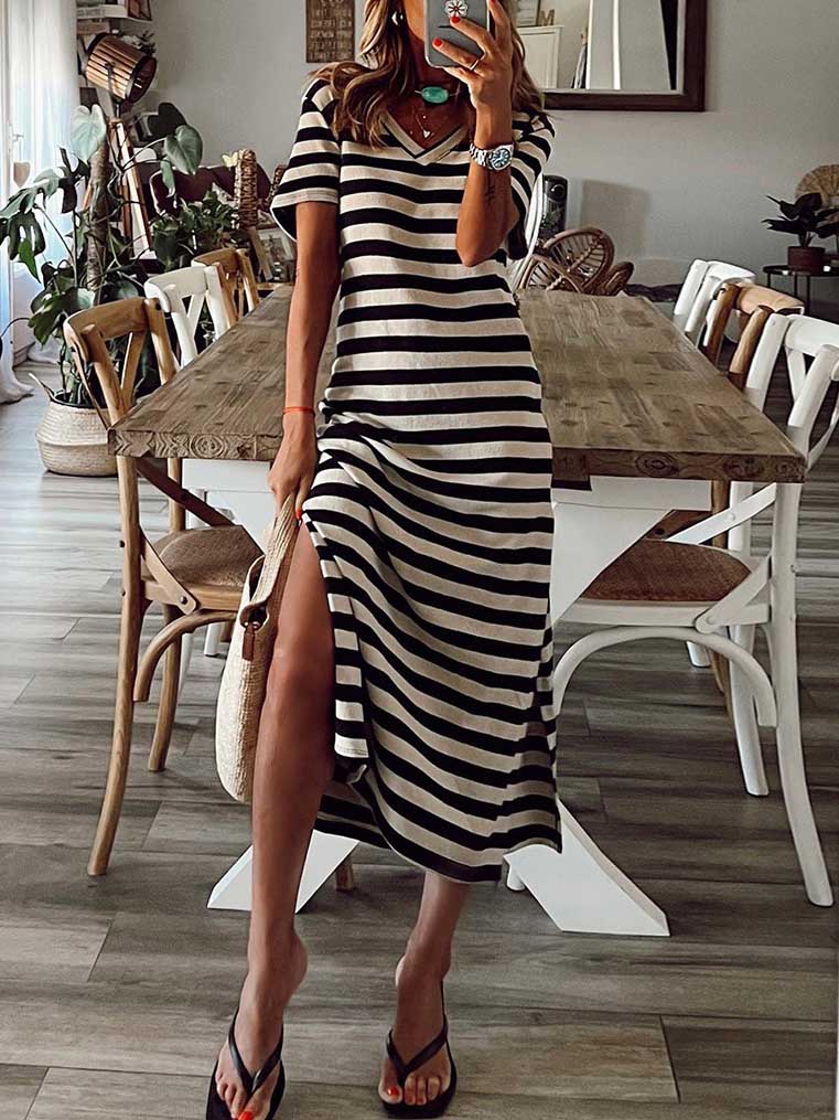 Lunimesd Striped printed v-neck long skirt