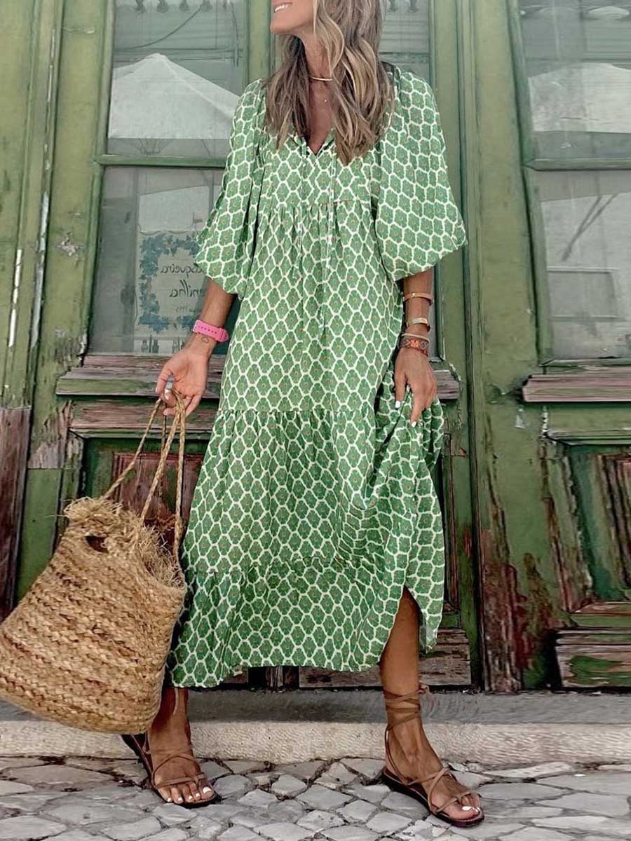 Lunimesd Printed Bubble Sleeve Dress