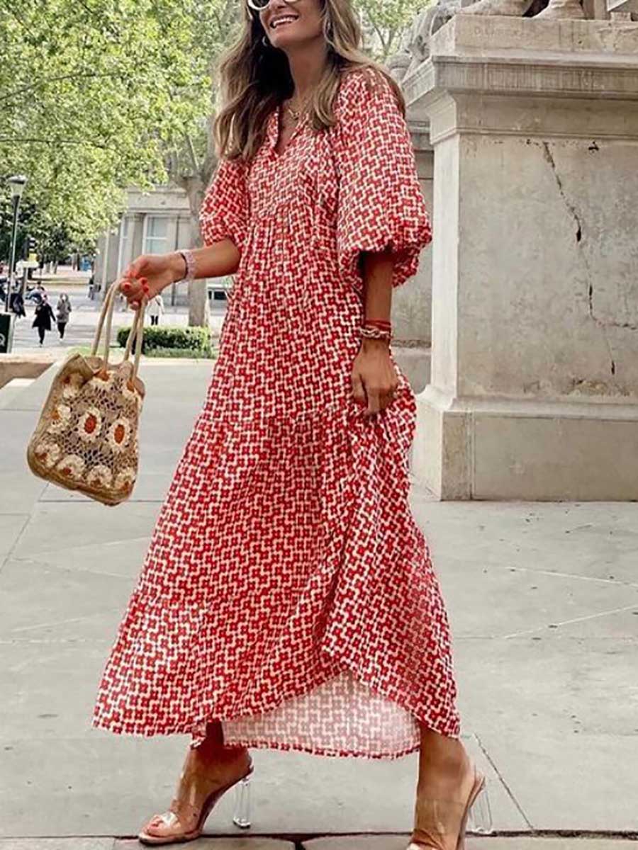 Lunimesd Printed Bubble Sleeve Dress