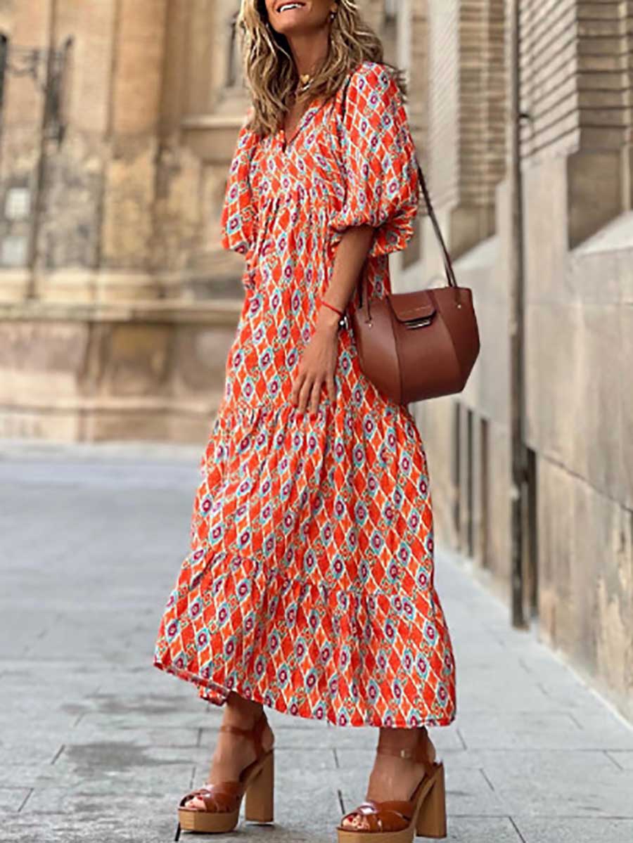 Lunimesd Printed Bubble Sleeve Dress