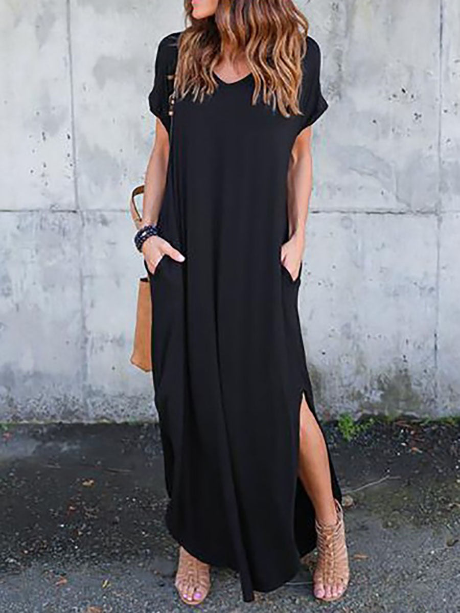 Lunimesd V-Neck Pocket Split Dress(8 colors)