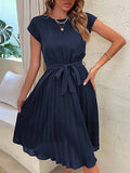 Lunimesd Solid Color Lace-Up Pleated Dress
