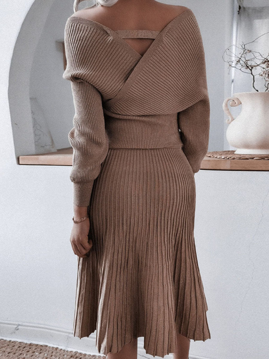 Lunimesd Fashion Casual Solid Fold V Neck Long Sleeve Two Pieces(3 colors)