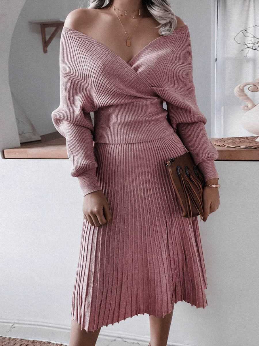 Lunimesd Fashion Casual Solid Fold V Neck Long Sleeve Two Pieces(3 colors)