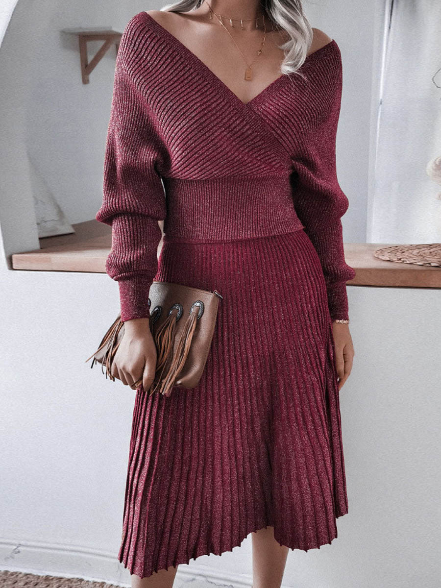 Lunimesd Fashion Casual Solid Fold V Neck Long Sleeve Two Pieces(3 colors)