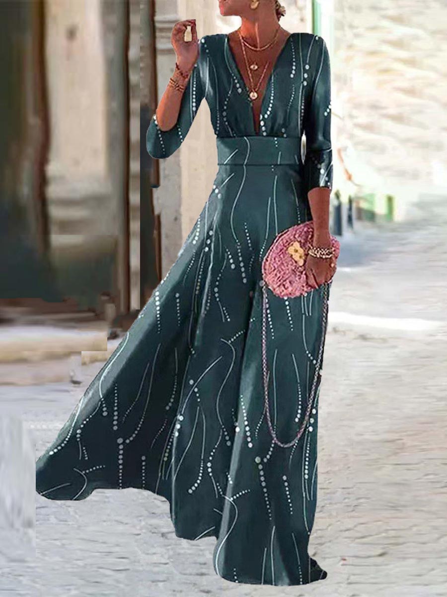 Lunimesd Elegant Geometric Printing V Neck A Line Dresses