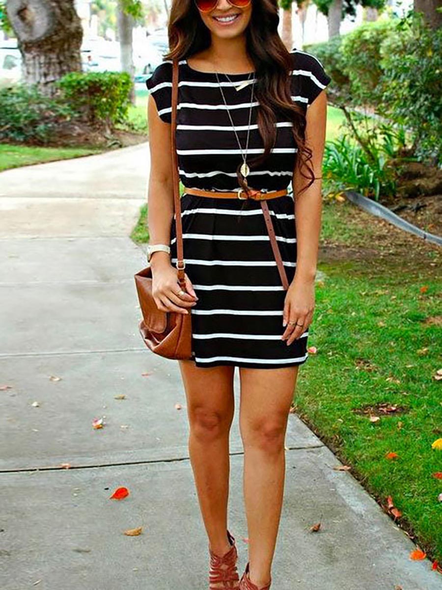 Lunimesd Crewneck Short Sleeve Color Block Striped Dress