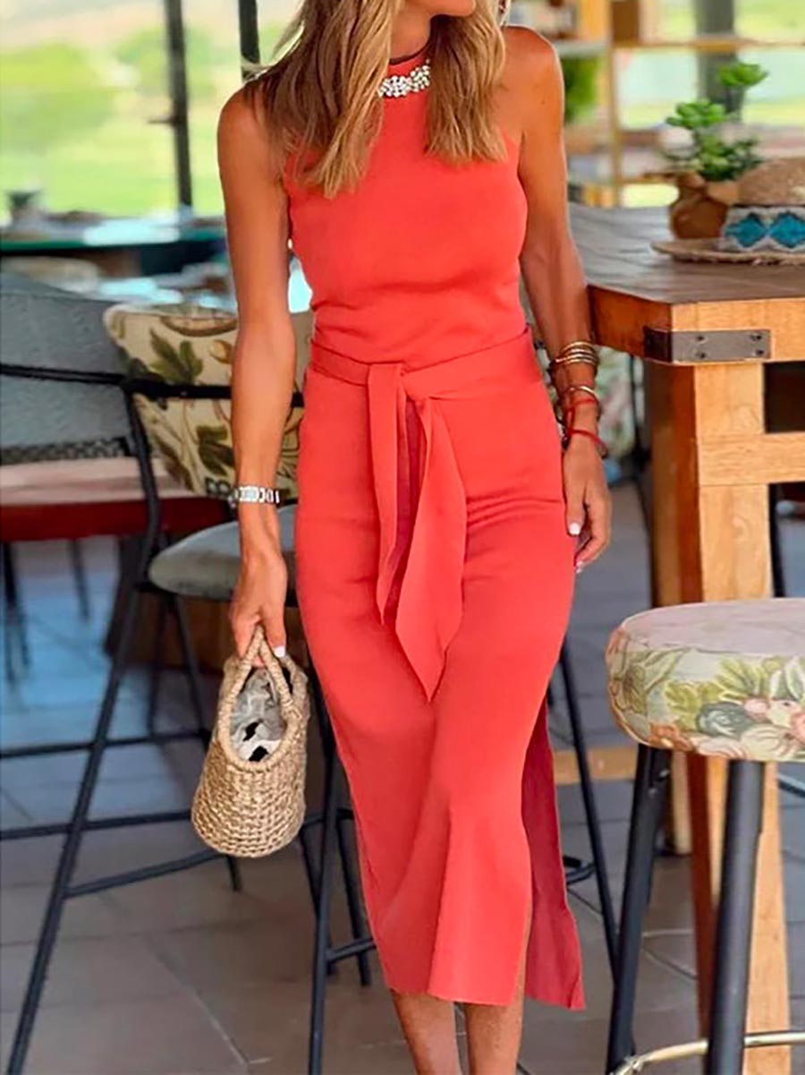 Lunimesd Halter Sleeveless Tie Waist Side Split Dress