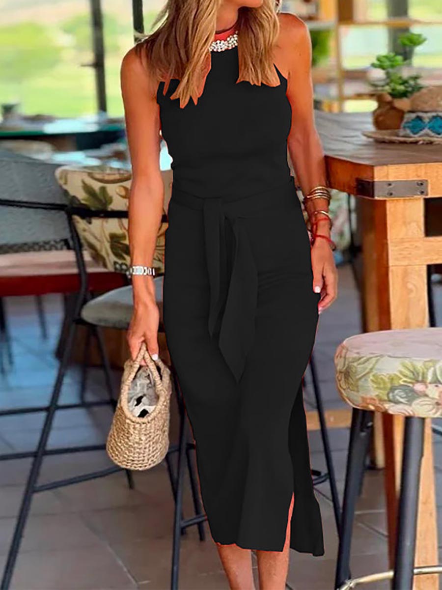 Lunimesd Halter Sleeveless Tie Waist Side Split Dress