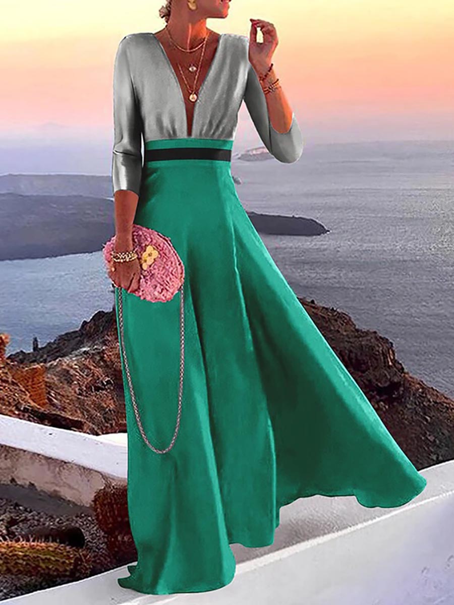 Lunimesd Fashion Print Long Sleeve Plunge V Neck Color Block Dresses