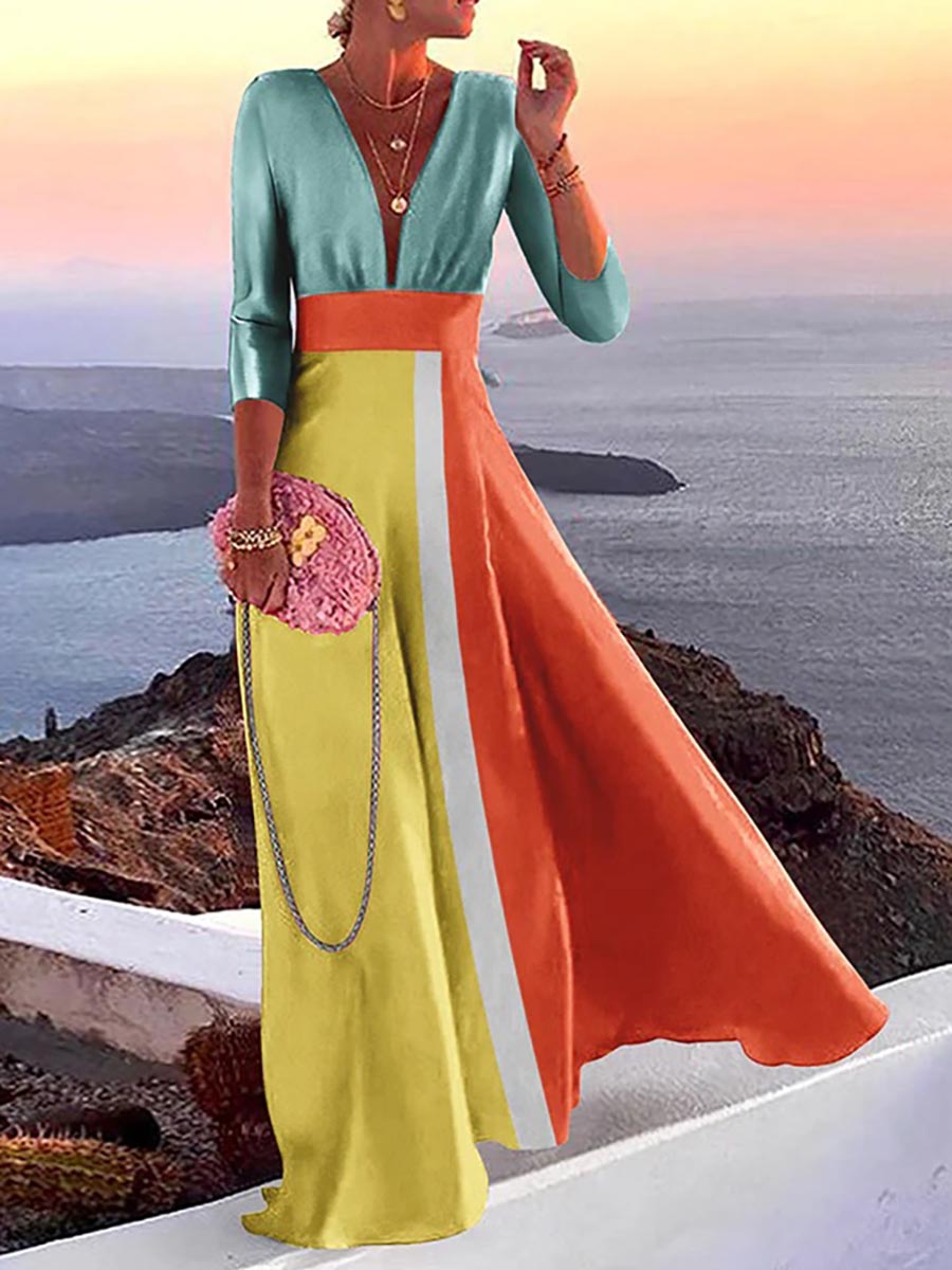 Lunimesd Fashion Print Long Sleeve Plunge V Neck Color Block Dresses