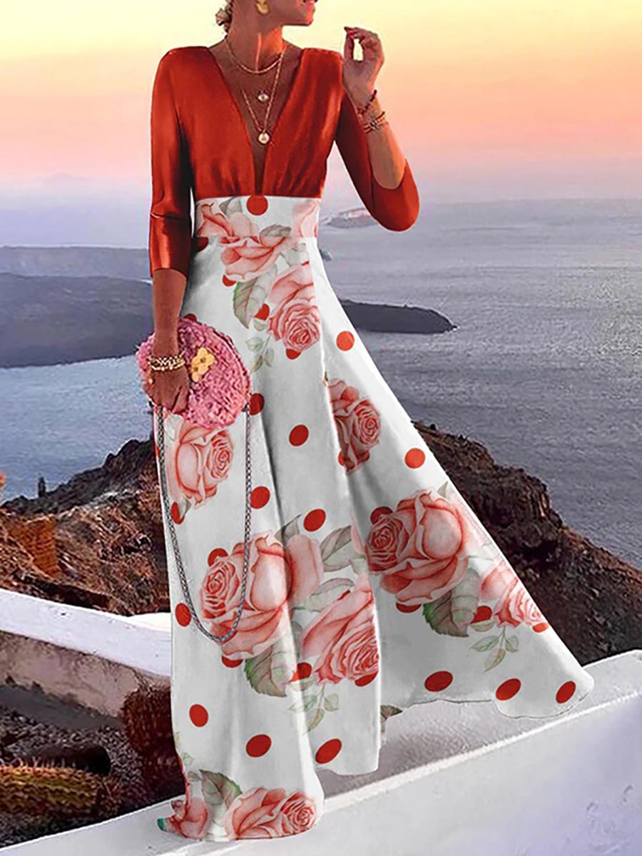 Lunimesd Fashion Print Long Sleeve Plunge V Neck Color Block Dresses