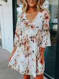 Lunimesd  V Neck Bell Sleeves Printed Swing Dresses