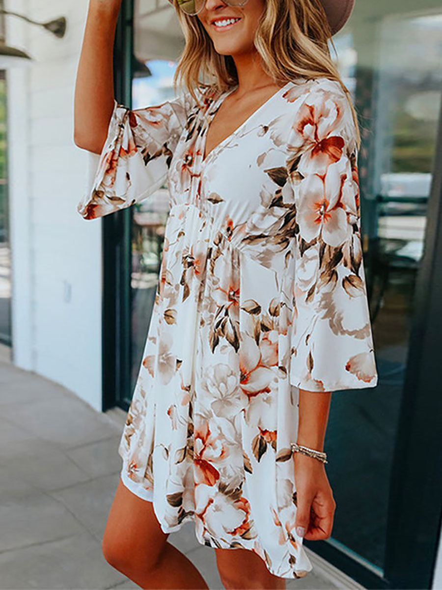 Lunimesd  V Neck Bell Sleeves Printed Swing Dresses