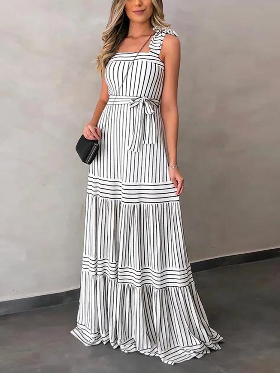 Lunimesd Stripe Bow Tie Belted Maxi Dress