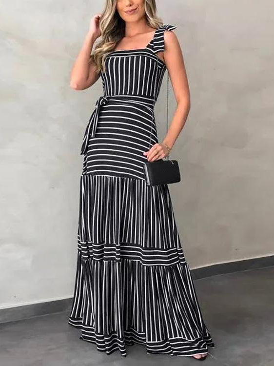 Lunimesd Stripe Bow Tie Belted Maxi Dress