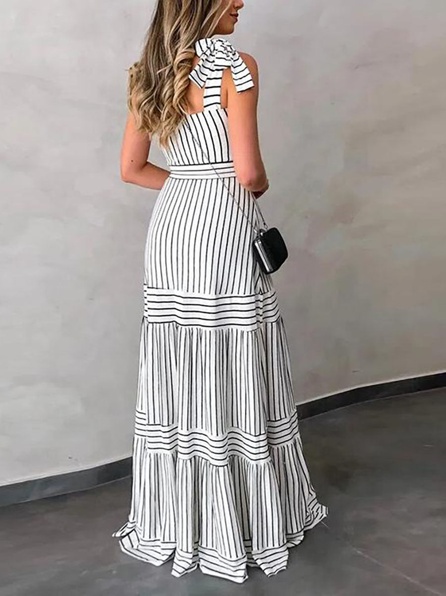 Lunimesd Stripe Bow Tie Belted Maxi Dress