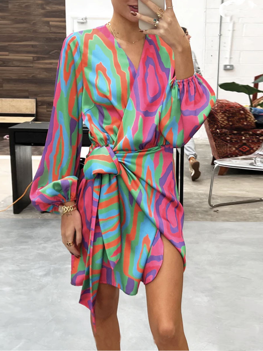 Lunimesd Casual Print Split Joint V Neck Irregular  Dresses