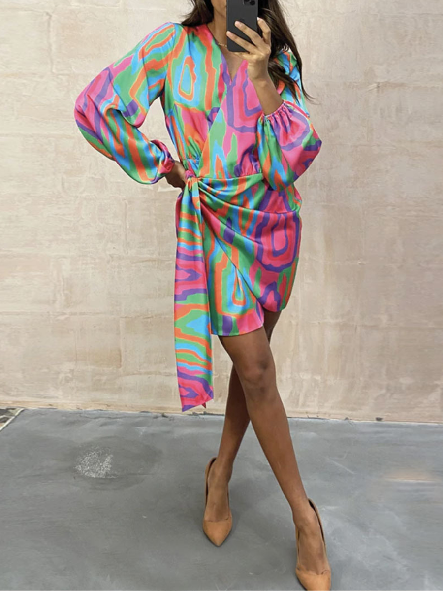 Lunimesd Casual Print Split Joint V Neck Irregular  Dresses