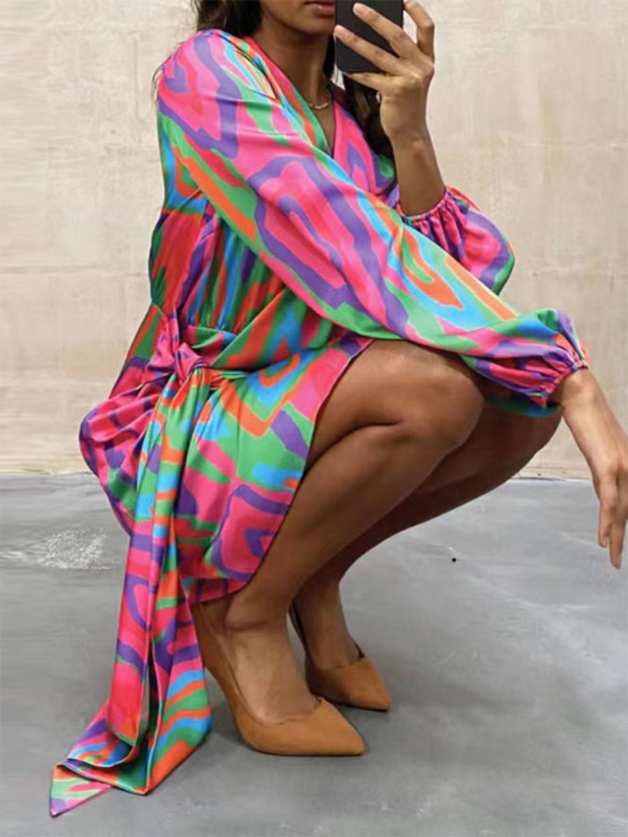 Lunimesd Casual Print Split Joint V Neck Irregular  Dresses