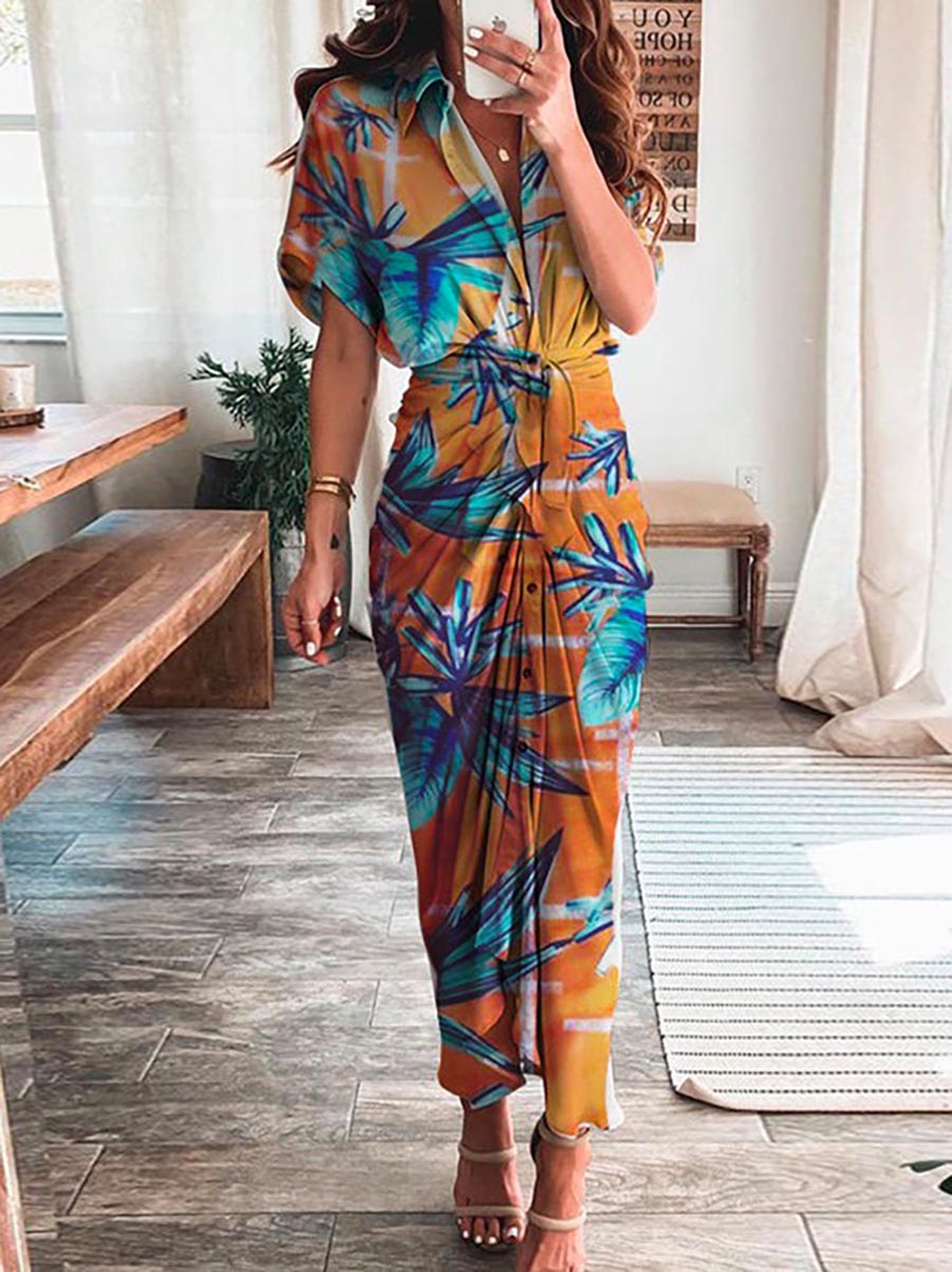 Lunimesd Short Sleeve Tie Knot Waist Ruched Printed Dress