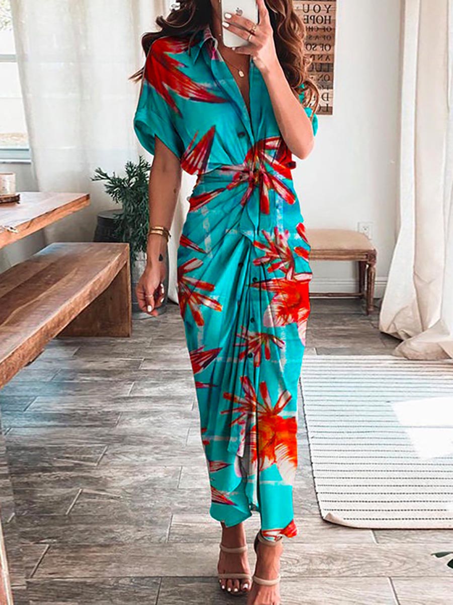 Lunimesd Short Sleeve Tie Knot Waist Ruched Printed Dress