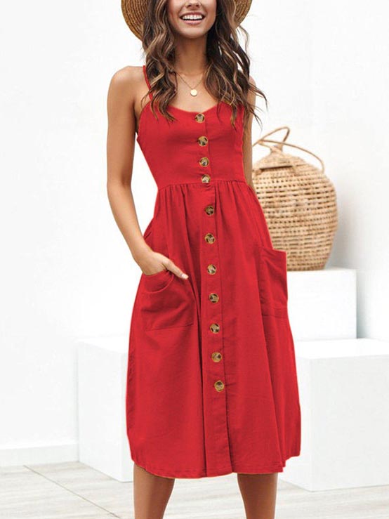 Lunimesd Sleeveless Button Down A-line Midi Dress