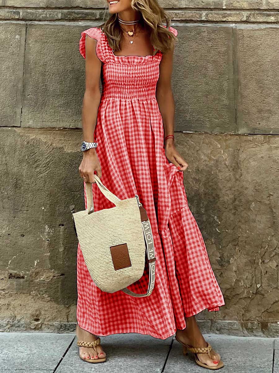 Lunimesd Collage Plaid Halter Casual Big Hem Dresses