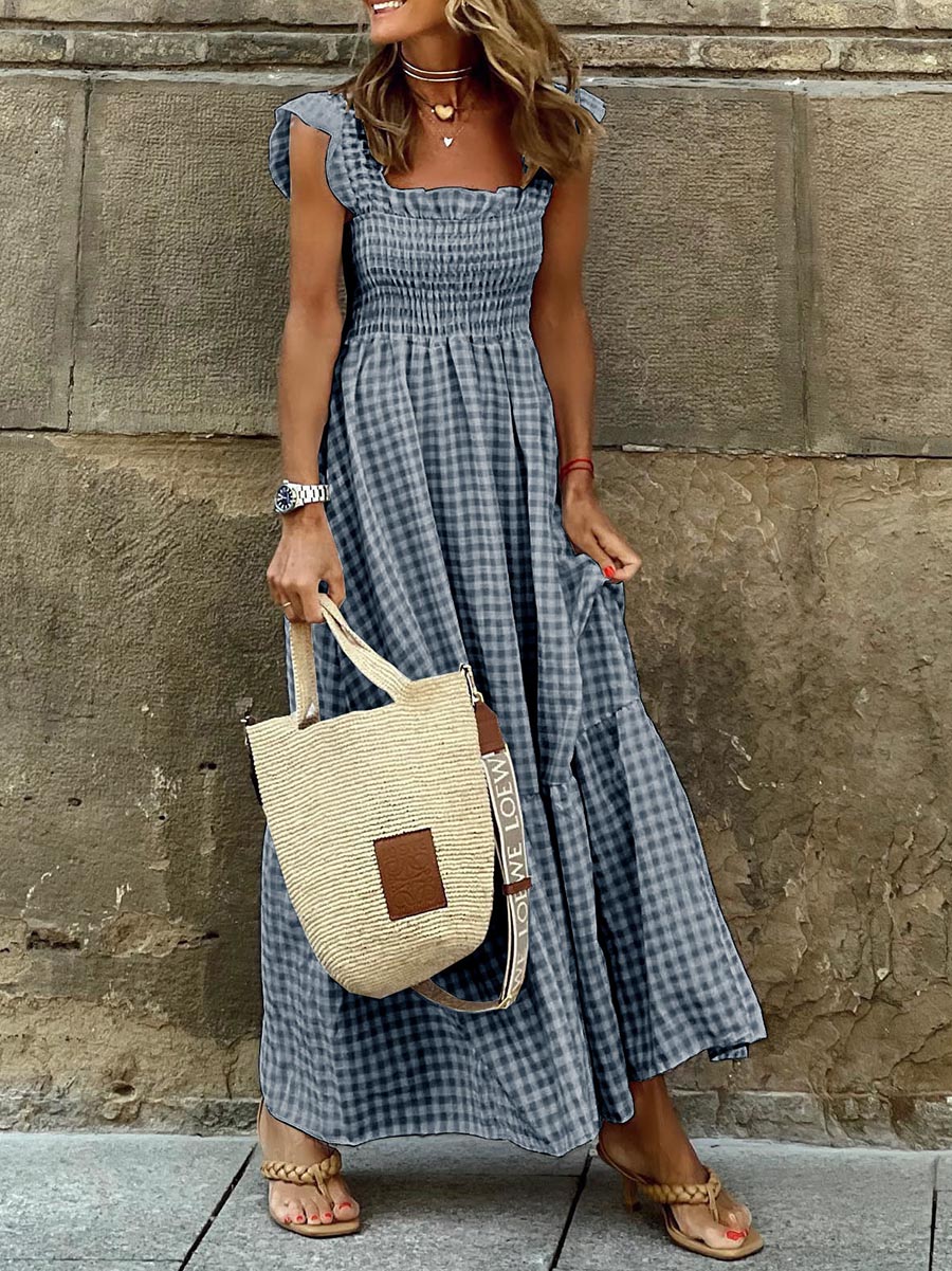 Lunimesd Collage Plaid Halter Casual Big Hem Dresses