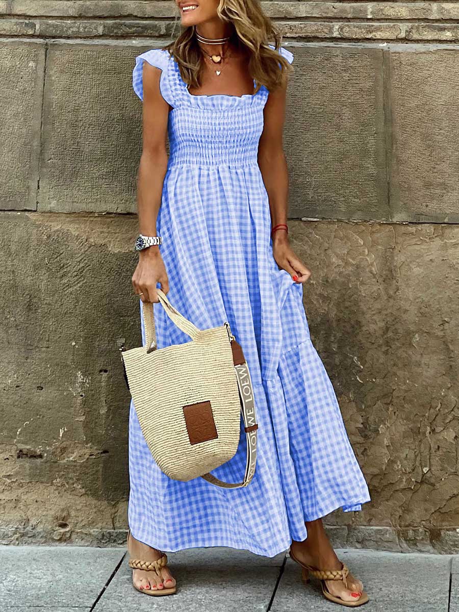 Lunimesd Collage Plaid Halter Casual Big Hem Dresses