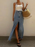 Lunimesd Raw Hem High Slit Maxi Denim Skirt