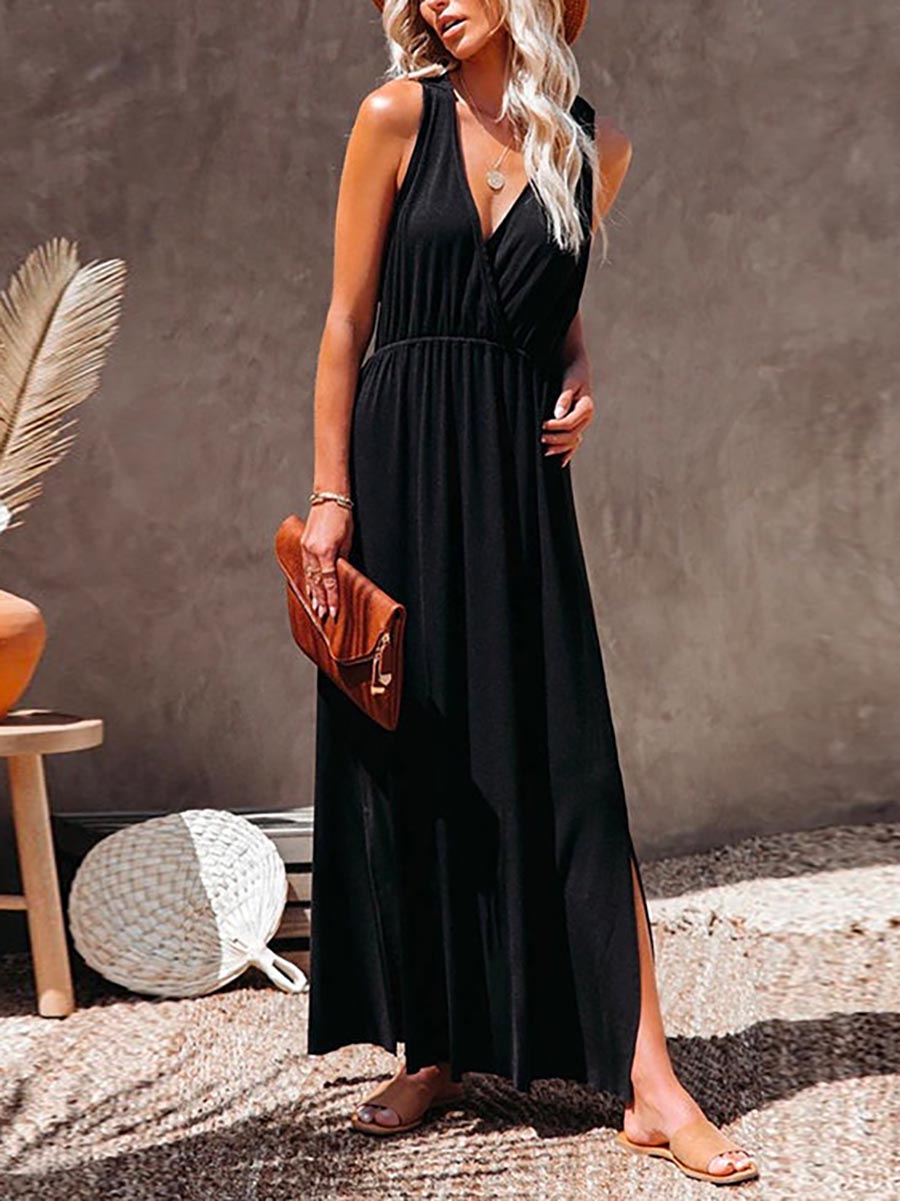 Lunimesd Sleeveless V Neck Side Split Solid Maxi Sundress