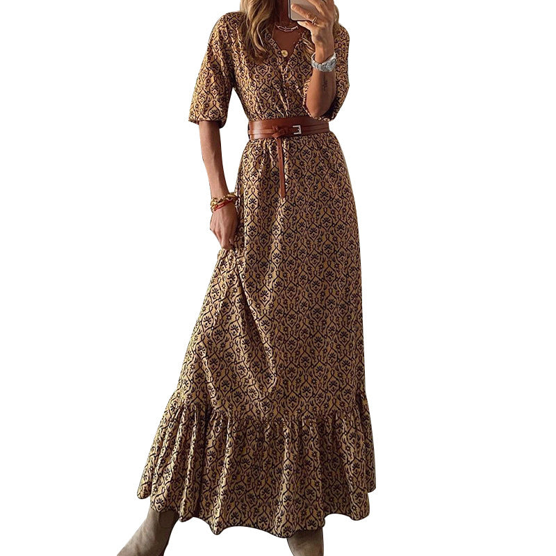 Lunimesd Bohemian Print Short-Sleeved V-Neck Dress