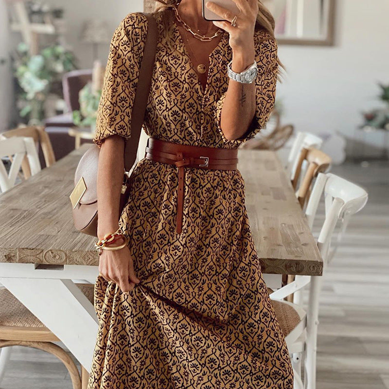 Lunimesd Bohemian Print Short-Sleeved V-Neck Dress