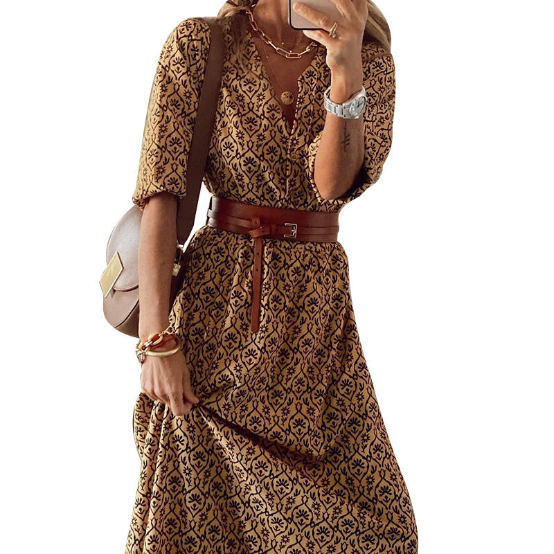 Lunimesd Bohemian Print Short-Sleeved V-Neck Dress