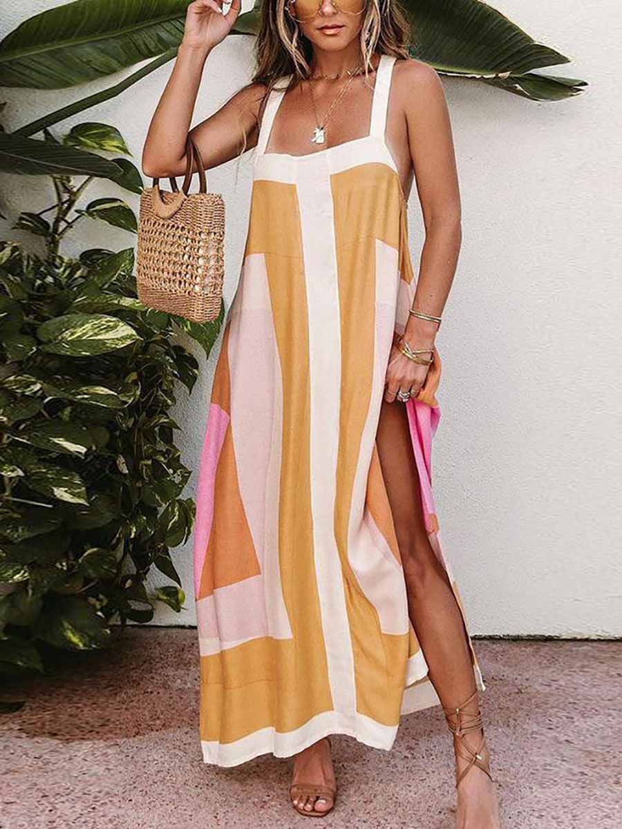 Lunimesd Color Block Stitching Holiday Maxi Dress