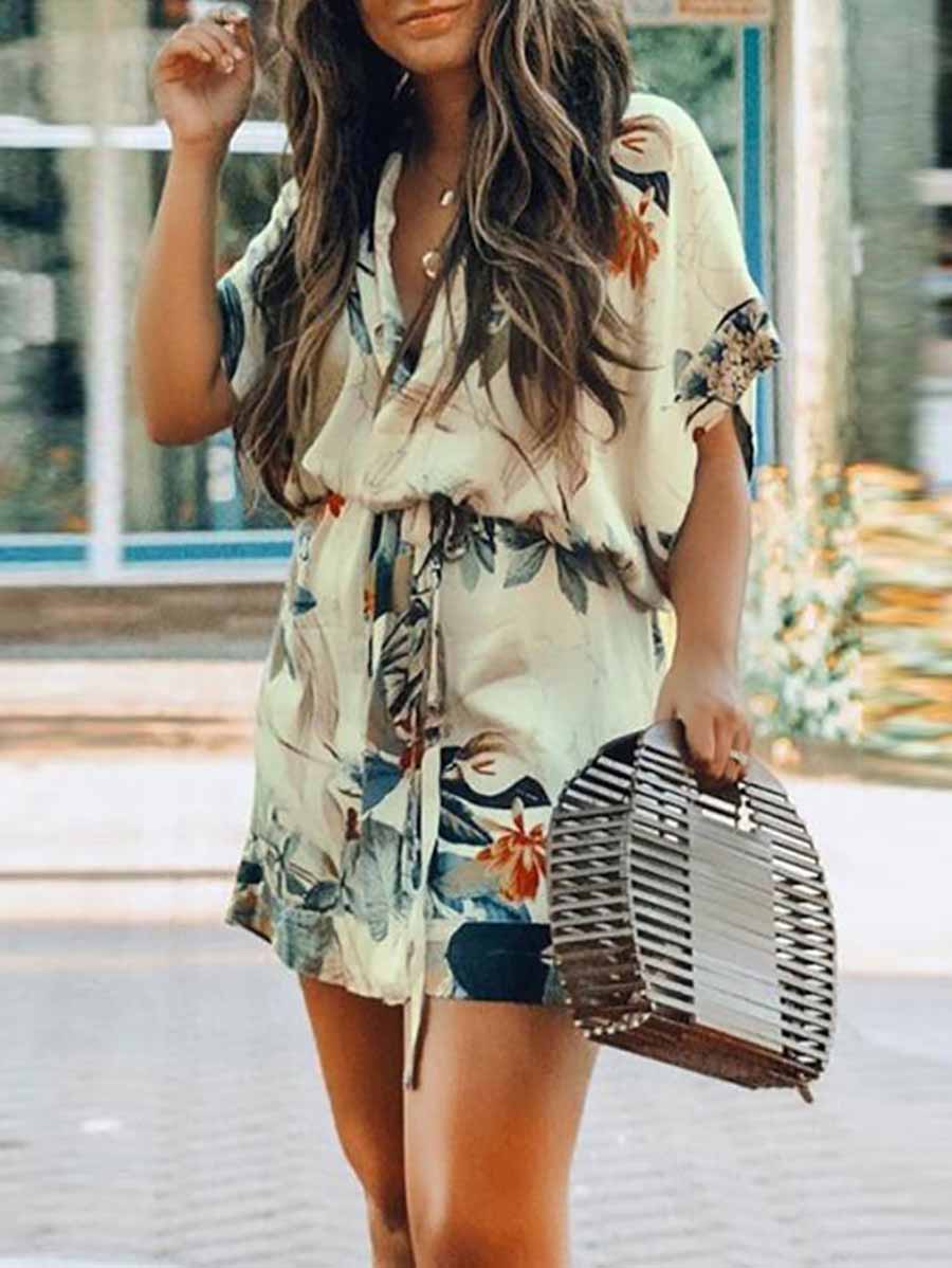 Lunimesd Short Sleeve Floral Printed Lace-up Dress