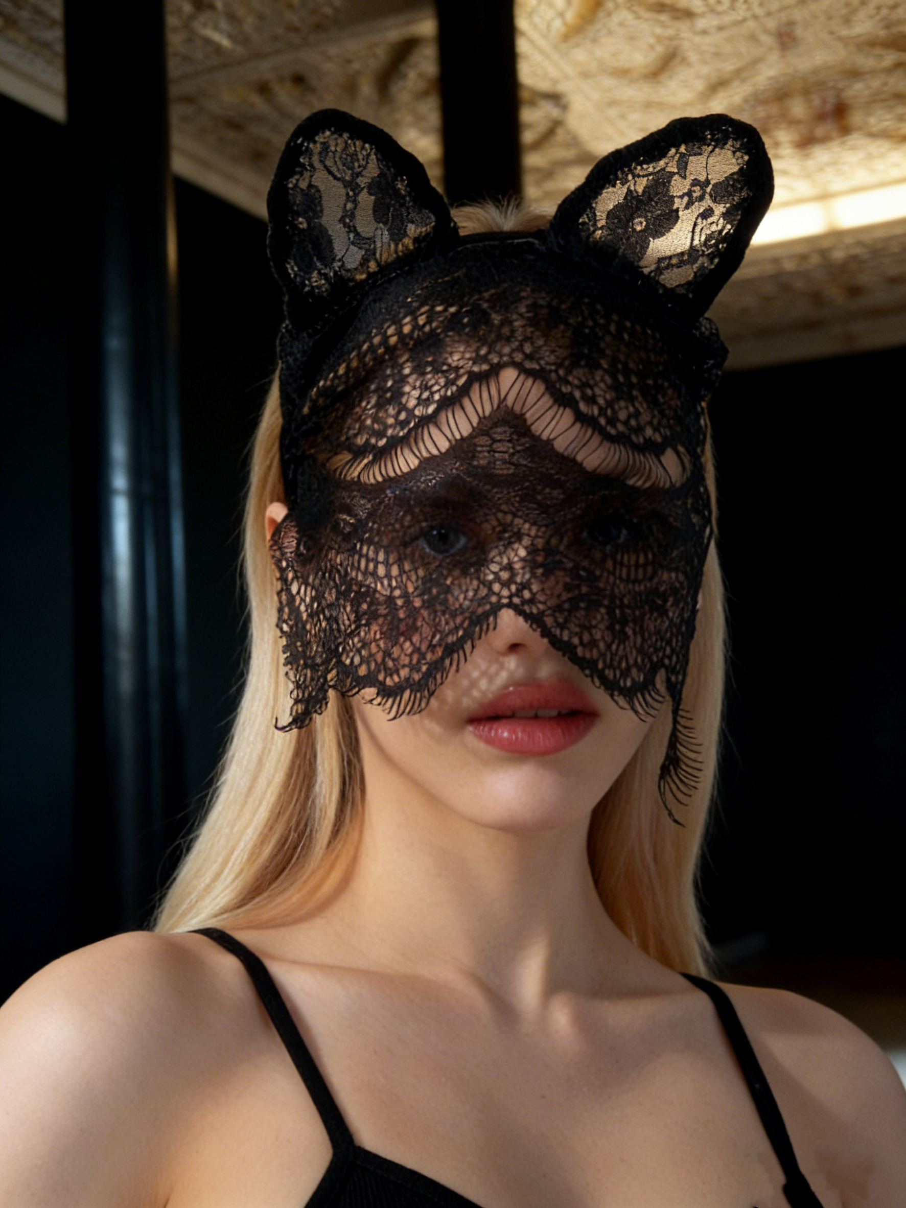 Black Lace Cat-Ear Veil Mask 40